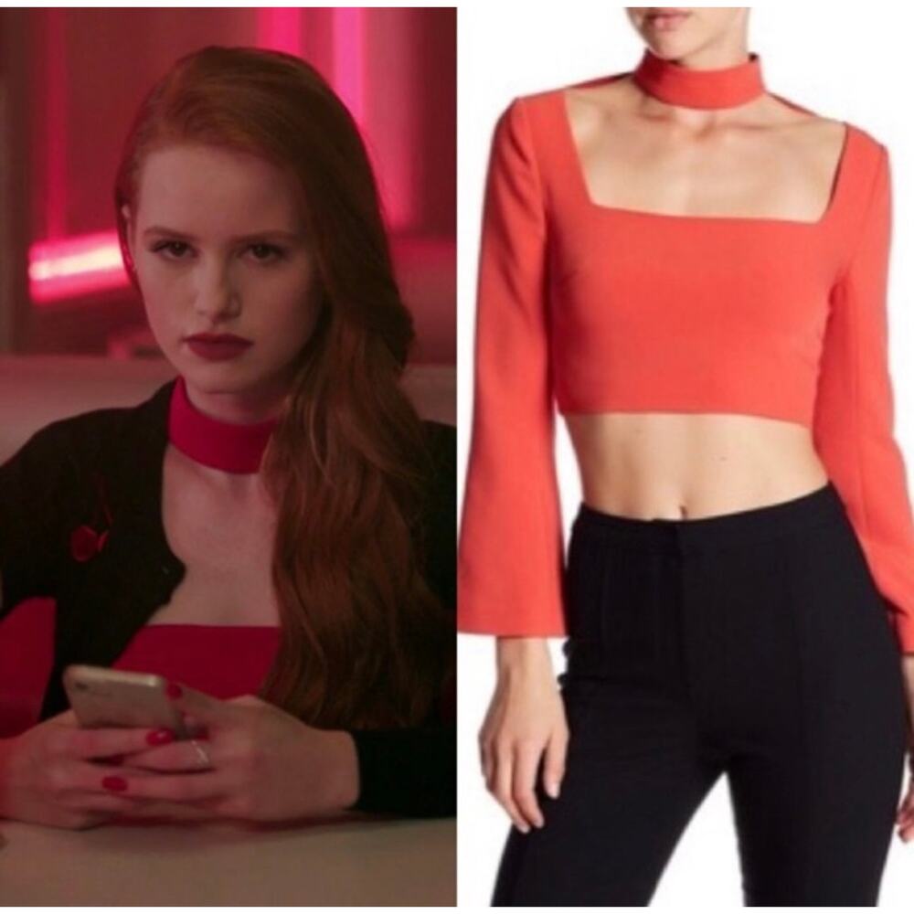 Cinq a Sept Aurora Red Amara Choker Square Neck Long Sleeve Crop Top Size 0